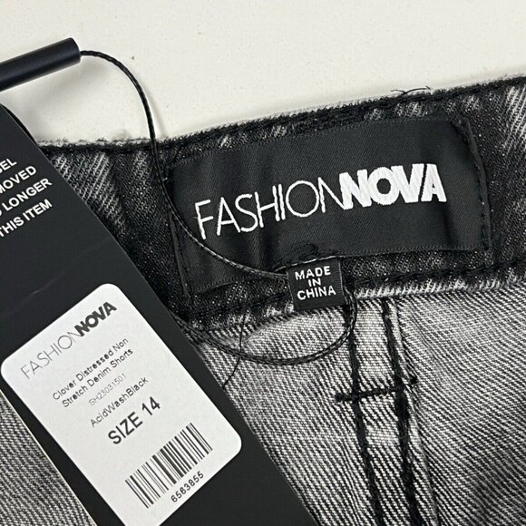 Fashion Nova Clover Distressed Non Stretch Denim Shorts Acid Wash Black Size 14 - Picture 3 of 6